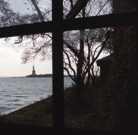 View from window at Ellis Island toward Statue of Liberty